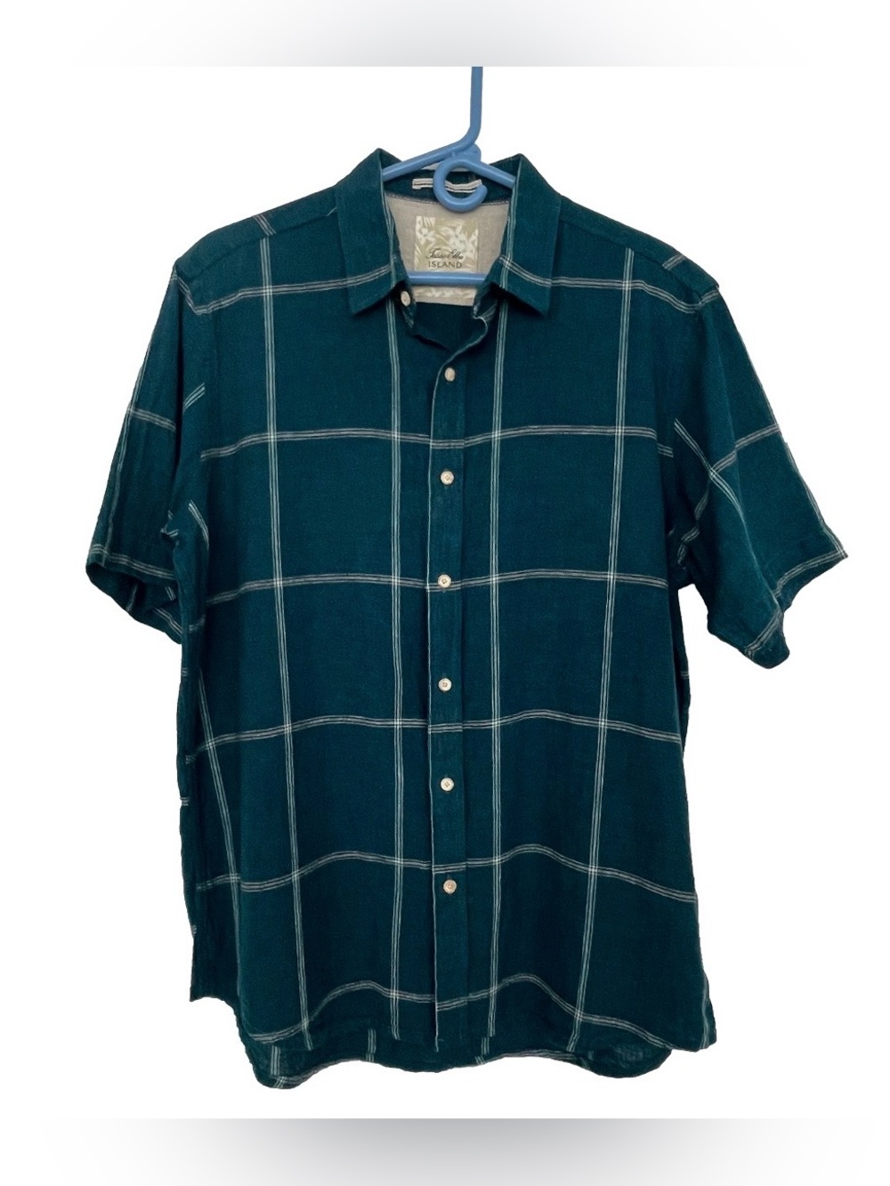 Tasso Elba Island Men’s Teal Plaid Linen Blend Short Sleeve Button-Down Shirt L